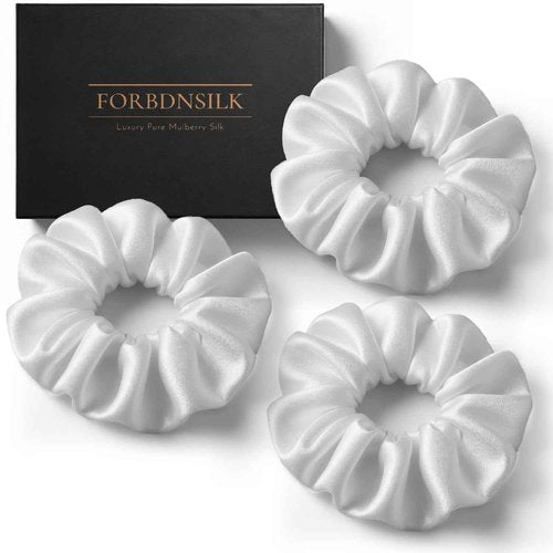 FORBDNSILK 100% Pure 22 Momme Mulberry Silk Scrunchies (Set of 3) | Highest grade (6A) Luxury Hair Ties| (Black,White,Pink) | (White, Standard)