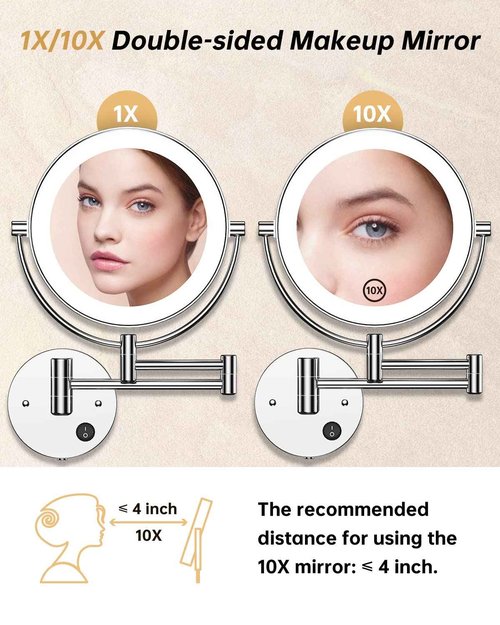 Gospire 8.5" Wall Mounted Lighted Magnifying Mirror, 1X/10X Double-Sided Magnification Round LED Cosmetic Vanity Bathroom Mirror Extendable Arm 360° Swivel for Shaving Makeup