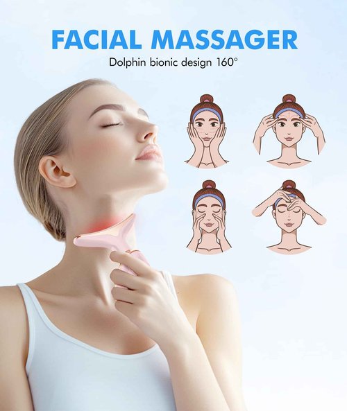 SDKWDH Red-Light-Therapy-for-Face-and-Neck, 7 Color Face Massager Tool for Wrinkles, Double Chin, Vibrating Facial Massager with Thermals for Skin Care, Glossy Pink