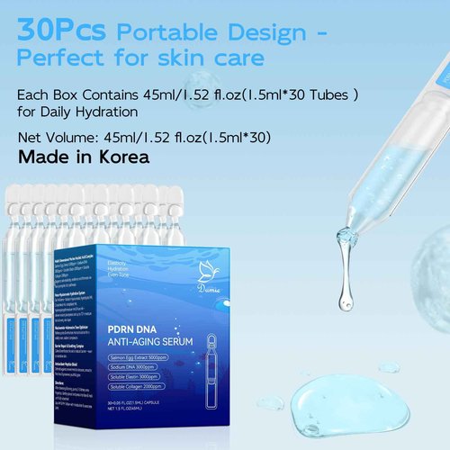 Salmon DNA PDRN Anti-Aging Serum, 5000ppm Salmon Egg DNA Ampoule, 2000ppm Collagen, Glutathione, Niacinamide & 6 Hyaluronic Acids, Korean Skincare for Wrinkles & Radiance,0.05 fl.oz x 30e