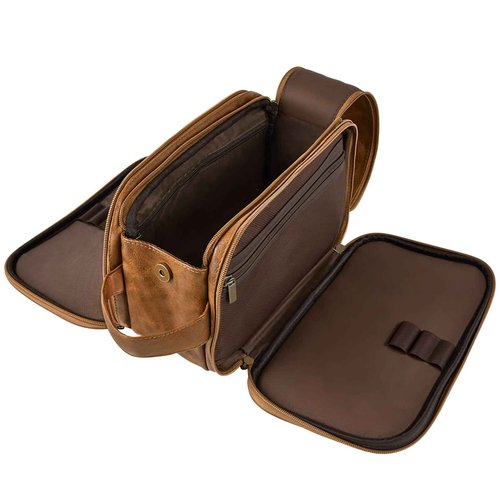 RPBHY Premium Toiletry Bag for Men, Large Leather Dopp Kit Travel Organizer, Water-Resistant Shaving Bag for Business, Brown Gift for Him