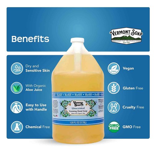 VERMONT SOAP Organics Foaming Hand Soap, Liquid Soap with Pre-diluted Formula - Ready to Use Simply Unscented Hand Soap With Convenient and Economical Gallon Refill Size