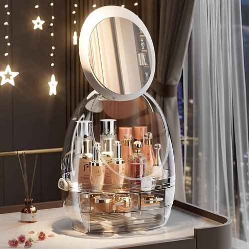 Sooyee Clear Makeup Organizer,Bathroom Counter Organizer, Modern Jewelry and Cosmetic Display Cases with Led Lighted Mirror,Make Up Organizer Stands for Bathroom, Dresser, Vanity Countertop