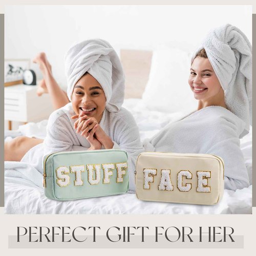 Cunno 4 Pcs Preppy Makeup Bags Chenille Letter Stuff Bag Nylon Cosmetic Pouch Cases with Zipper for Women Travel Toiletry(Cream Color,Soft)