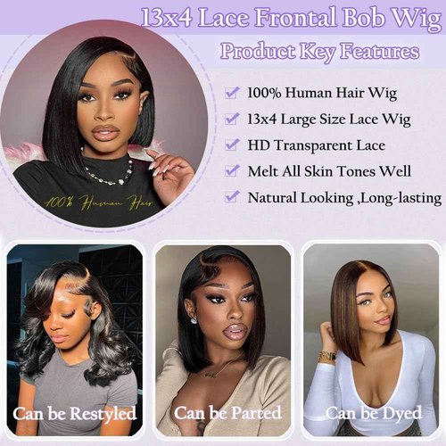 TONGMAY Lace Front Bob Wigs Human Hair 13x4 HD Lace Glueless Bob Wig Human Hair Short Straight Frontal Wigs for Women Pre Plucked with Baby Hair Side Part 180% Density Natural Black 14 Inch