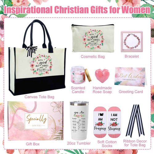 IANFEPH Christian Gifts for Women Faith Inspirational Religious Gifts Baskets for Mother Friends Grandma Encourage Bible Baptism Set with Canvas Tote Bag Socks Tumbler