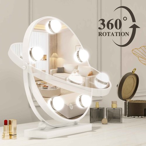 ROLOVE 13 Inch Hollywood Vanity Mirror with Lights, Round Make Up Mirror with Lighting, LED Makeup Mirror with 5 Dimmable Bulbs for Bedroom Tabletop, Smart Touch Control, 360° Rotation