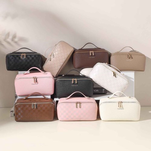 Cuteseason Makeup Bag, Travel Toiletry Bag for Women, Large Capacity Waterproof PU Leather Cosmetic Bags Make Up Organizer Bags with Headband and Wristband Set (Brown, Lychee Pattern)
