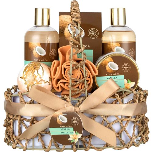 Spa Gift Basket for Women and Men, 7pcs Vanilla Coconut Bath and Body Self Care Set With Bath Bomb, Relaxation, Shower Gel, Parfume Lotion, Spa Kit, Skin Care Set, Birthday, Bridal Shower, Christmas