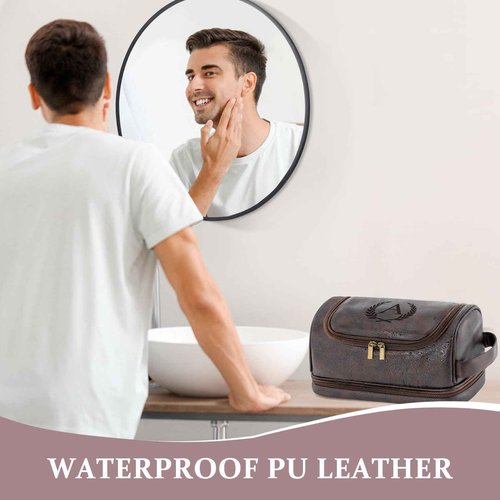 Aganmi Personalized Christmas Birthday Gifts Toiletry Bag for Men Dad Husband, Custom Initial PU Leather Waterproof Toiletry Organizer Dopp Kit Shaving Bag Travel Essential for Men, Dark Brown J