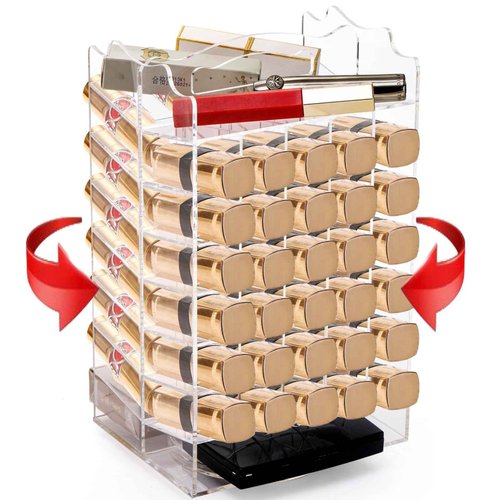 Tlence 64 Slots Rotating Lipstick Organizer, Acrylic Spinning Lipgloss Tower Holder, Clear Rotable Lip Gloss Organizer Case, Lip Stick Display Rack Stand, Cosmetic Makeup Accessories for Lip Balm