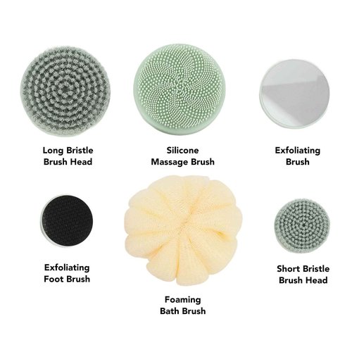 Rechargeable Electric Back Scrubber Body Brush with 3 Gears Multifunctional Shower Bathing Tool, Detachable Long Handle & 6 Brush Heads for Complete Shower Use - Light Green