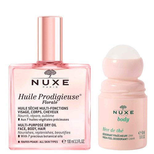 Nuxe Huile Prodigieuse Floral (3.3 Fl Oz) & Rêve de Thé Aluminum-Free Deodorant (1.6 Fl Oz), Skincare Duo for Radiant Skin & 24-Hour Freshness