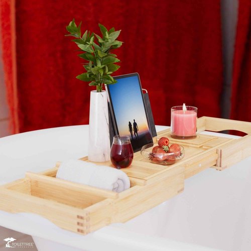 ToiletTree Products Bamboo Bathtub Caddy with Extending Sides and Adjustable Book Holder (Deluxe)