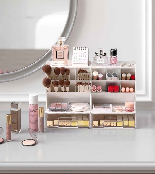 MEAJIO Make Up Organizers and Storage 2 Pack, Acrylic Cosmetic Organizer for Vanity Countertop Bathroom Room, Makeup Brush Holder, Makeover Stuff for Girls