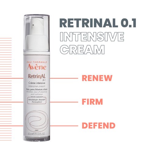 Avene RetrinAL 0.1 Intensive Cream, Retinaldehyde, Reduce Signs of Aging, Brighten & Rejuvenate Skin, 1.01 Oz