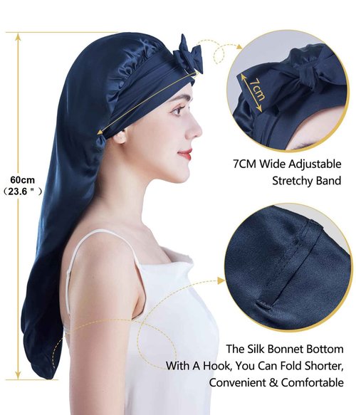 Cocheng Mulberry Silk Bonnet for sleeping long Silk Bonnet for Curly Hair Braids Cap for Women Silk Cap with Tie Band