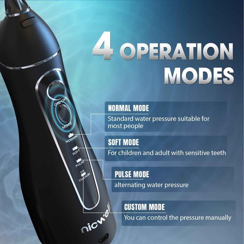 Water Dental Flosser Cordless for Teeth - Nicwell 4 Modes Dental Oral Irrigator, Portable and Rechargeable IPX7 Waterproof Powerful Battery Life Water Teeth Cleaner Picks for Home Travel