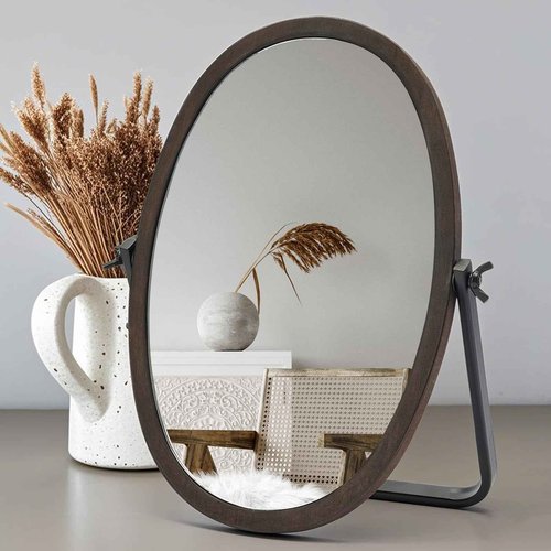 Generic Vanity Table Makeup Mirror-Desk Small Standing Vintage Mirrors 360° Adjustable Rotation, Bronze Wood Framed for Dressing Table,Bedroom, Bathroom,Tabletop,Antique,Desktop 11.8'' x 7.8''