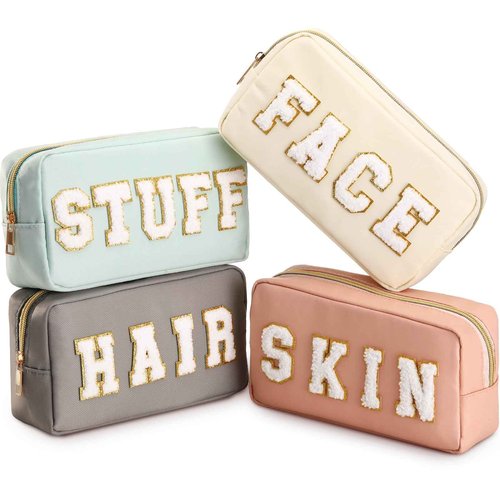 Cunno 4 Pcs Preppy Makeup Bags Chenille Letter Stuff Bag Nylon Cosmetic Pouch Cases with Zipper for Women Travel Toiletry(Cream Color,Soft)