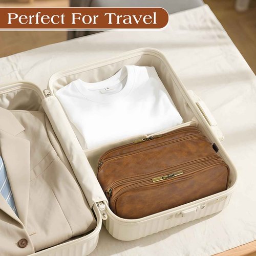 RPBHY Premium Toiletry Bag for Men, Large Leather Dopp Kit Travel Organizer, Water-Resistant Shaving Bag for Business, Brown Gift for Him