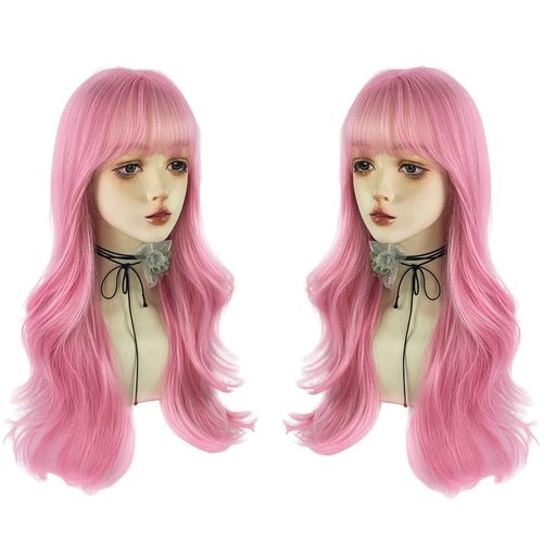 WKLOUYHE Pink Long Wavy Wigs with Bangs for Women - Loose Wavy Synthetic Cosplay Wig for Girl - Colorful Costume Wigs