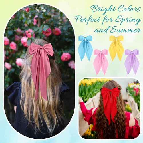 LIUBUJINGYING 32Pcs Satin Hair Bows Bulk Big Hair Bows for Women Large Hair Ribbons Silky Satin Oversized Hair Bows Long Tail Large Hair Barrettes Hair Cute Oversized Bow Hair Clips with Long Tails