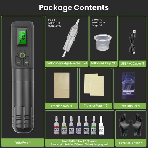 GEEKERA Wireless Tattoo Machine Gun Kit, Rotary Tattoo Pen Professional Kit with 2000mAh Battery Supply, 20 Tattoo Cartridge Needles, 7 Colors Ink, Practice Skin, Complete Set for Beginners and Artist