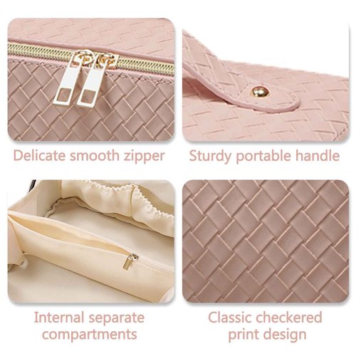 BAKLUCK Travel Cosmetic Bag with Compartments - Large Capacity, Lay Flat, Pink Checkered Pattern PU Leather Portable Makeup Bag for Women & Girls