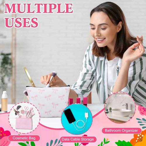 Reallnaive 18 Pcs Pink Bow Glass Cups with Lids Coquette Bow Cosmetic Makeup Bag Pink Hair Scrunchies Ties for Women Birthday Wedding Gift Bridesmaid Bridal Valentines Christmas