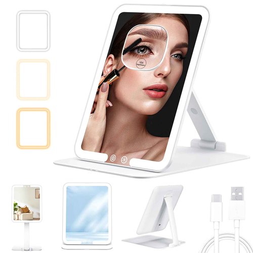 WEPPGO Travel Makeup Mirror with Light, Portable Folding Make Up Tabletop Mirror with 3 Colors Light Modes & 10X Magnifying Mirror, Rechargable Vanity Mirrors with Adjustable Stand