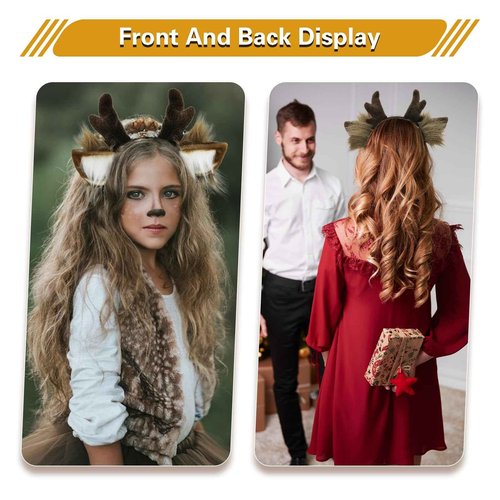 SIOTMERA 2Pcs Reindeer Antlers Headband, Realistic Deer Antlers Headbands Reindeer Ears Adults Christmas Party Birthday Makeup Cosplay, Reindeer Headband for Christmas Eve Costume Gift, Brown