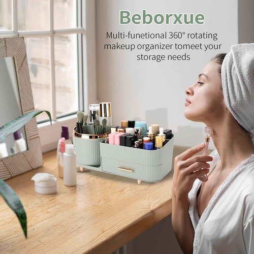 Molutsody Makeup Organizer for Vanity, Cosmetic Display Case with Drawers, Fits Makeup, Skincare Products, Brushes, Lipsticks, and Other Accessories, Versatile Storage Solution (Green)