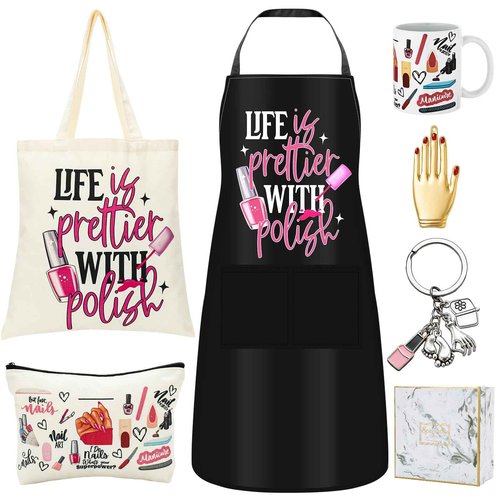 Coume 7 Pcs Nail Tech Gift Set for Women Adjustable Manicurist Apron Tote Bag Makeup Bag Mugs Scissors Charm Keychain Nails Hair Clips and Box for Female Inspirational Appreciation Gifts