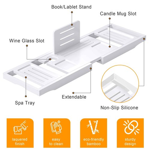 Bathtub Tray Caddy,Premium Bamboo Expandable Bath Tub Trays Table, Foldable Bathroom Accessories,Great House Warming, Anniversary and Birthday Gifts,White