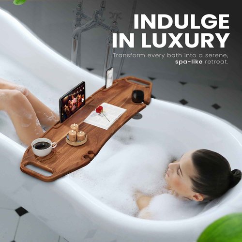 Lush & Style Premium Bathtub Tray Large & Thick 35” x 10``, Acacia Wood Luxury, Waterproof, Non-Toxic, Adjustable Legs, No Tools Required,Caddy Tray, Luxury Bath Accessories