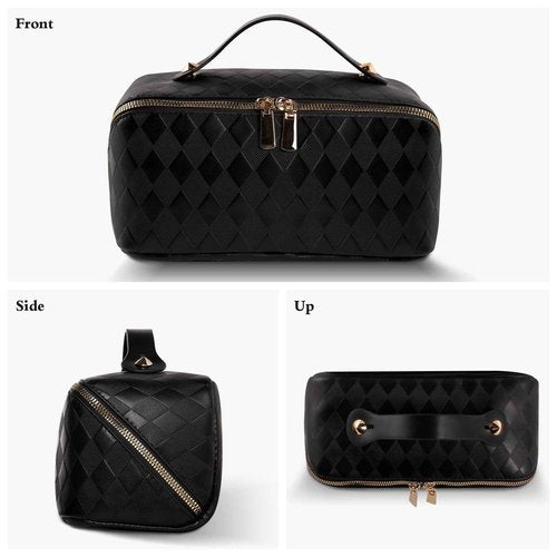 Abiudeng Travel Makeup Bag,Large Capacity Toiletry Bag Cosmetic Bags for Travel Essentials,Waterproof Portable Pouch Open Flat Makeup bag Organizer with Divider and Handle-black rhombus