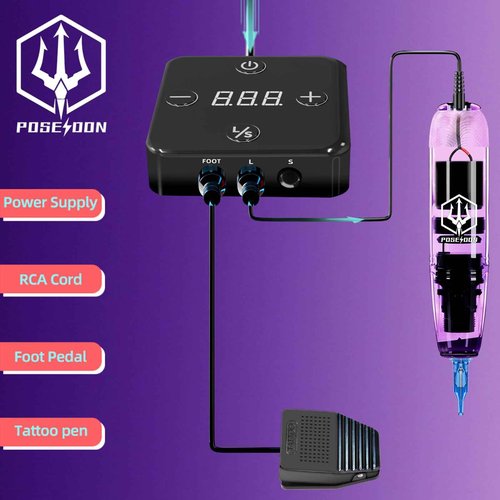 POSEIDON Tattoo Gun Kit Rotary Tattoo Pen Kit with 10 PCS Tattoo Cartridge Needles Professional Tattoo Machine Kit with Power Supply 11 Color Tattoo Inks with Foot Pedal Tattoo Kit for Artists