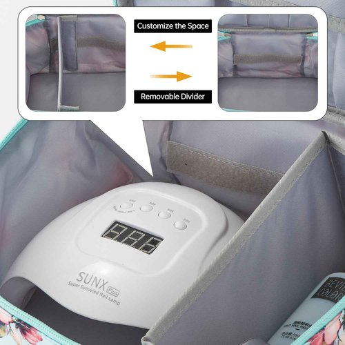 Buruis Double-Layer Nail Polish Organizer Bag, Holds 27 Bottles (15ML/0.5 FL.OZ or Larger), Nail Tools & Dryer Storage Case with Adjustable Dividers (Aqua Floral)