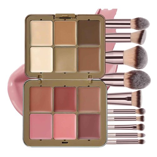 JasCherry 12 Colors Makeup Palette & Brush Set, Professional Eyeshadow, Blush, Highlighter, Contour Kit with 10 Champagne Gold Brushes, Cruelty-Free, Vegan, Travel-Friendly, for Beginners Pros