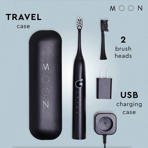 MOON Sonic Electric Toothbrush for Adults & Teens, Black, 5 Smart Modes, Clean, White, Massage, Polish & Sensitive, Rechargeable with Travel Case & 2 Brush Heads, Industry-Leading 6 Week Charge