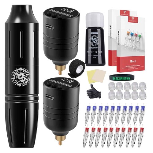 Dragonhawk Wireless Tattoo Kit 2 Batteries Tattoo Gun Kit Beginner Complete Tattoo Machine Pen Kit Pro Coreless Motor