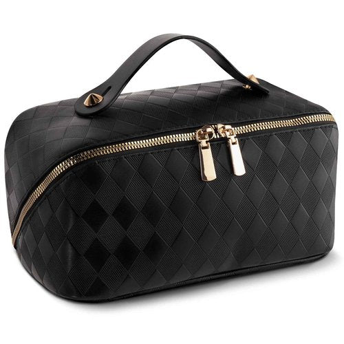 Abiudeng Travel Makeup Bag,Large Capacity Toiletry Bag Cosmetic Bags for Travel Essentials,Waterproof Portable Pouch Open Flat Makeup bag Organizer with Divider and Handle-black rhombus
