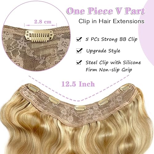 100G Clip in Real Human Hair Extensions - 22Inch Balayage Chestnut Blonde to Platinum Blonde Ombre - 3/4 Full Head One Piece Clip Ins - V Shape Invisible Curly Clip on Hair Extensions