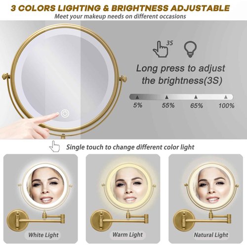 LEDOOLE Wall Mounted Lighted 8 Inches Rechargeable Double-Sided 1X/10X Magnifying Mirror for Makeup, 3 Colors Led, Touch Dimmable, Memory Function, 360 Rotation, Foldable, Brushed Antique Brass