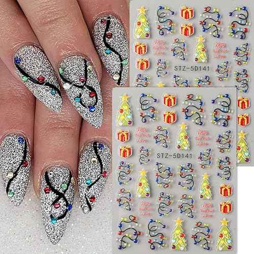 Christmas Nail Stickers 5D Embossed Nail Decals DIY Self Adhesive Nail Design Sticker Christmas Tree Nail Decoration Supplies Holiday Manicure Accessories for Women Girls 3Pcs
