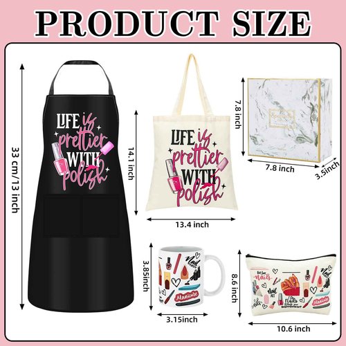 Coume 7 Pcs Nail Tech Gift Set for Women Adjustable Manicurist Apron Tote Bag Makeup Bag Mugs Scissors Charm Keychain Nails Hair Clips and Box for Female Inspirational Appreciation Gifts