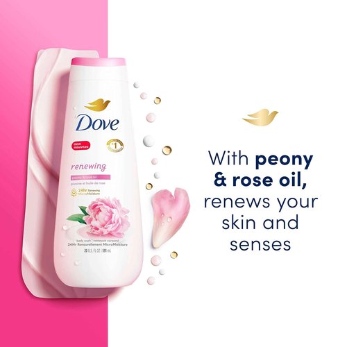 Dove Body Wash 4 Count Renewing Peony and Rose Oil and Body Scrub 3 Count Himalayan Salt & Rose Oil
