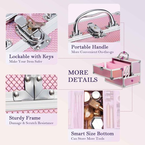 FRENESSA Makeup Train Case 8.85 Inch Portable Makeup Case Organizer Cosmetic Box Make Up Box Makeup Organizer Cosmetic Storage Cases with Locking Nail Kit Organizer Small Travel Case Mermaid Pink