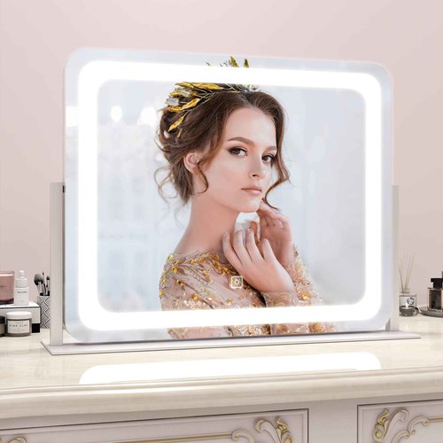 ROLOVE 22x17 Inch Lighted Vanity Mirror with Dimmable LED Lights - 3 Color Modes, Smart Touch Control & 360° Rotating Base - Desk Makeup Mirror (White)